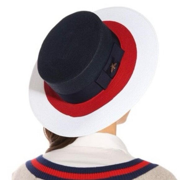 NWT Gucci Blue/Red/White Papier Wide Brim Straw Bee Hat Size L $590.00 *2023* main image 11